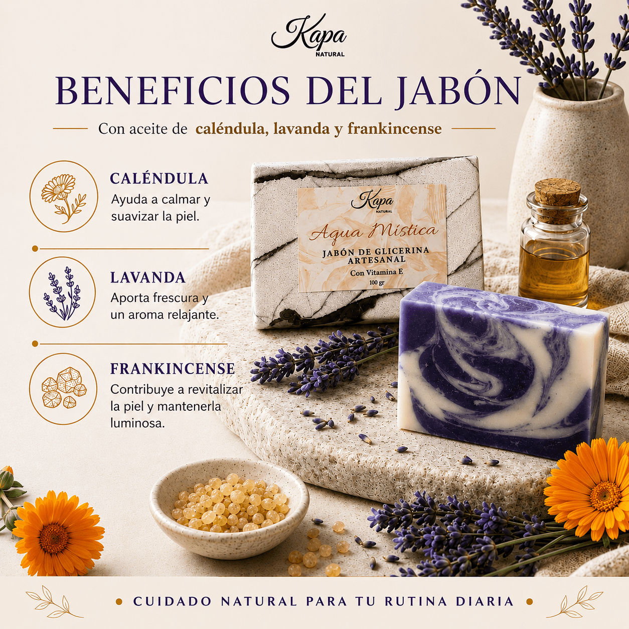 Jabón artesanal Aqua Mística y vitamina E - Kapa Natural