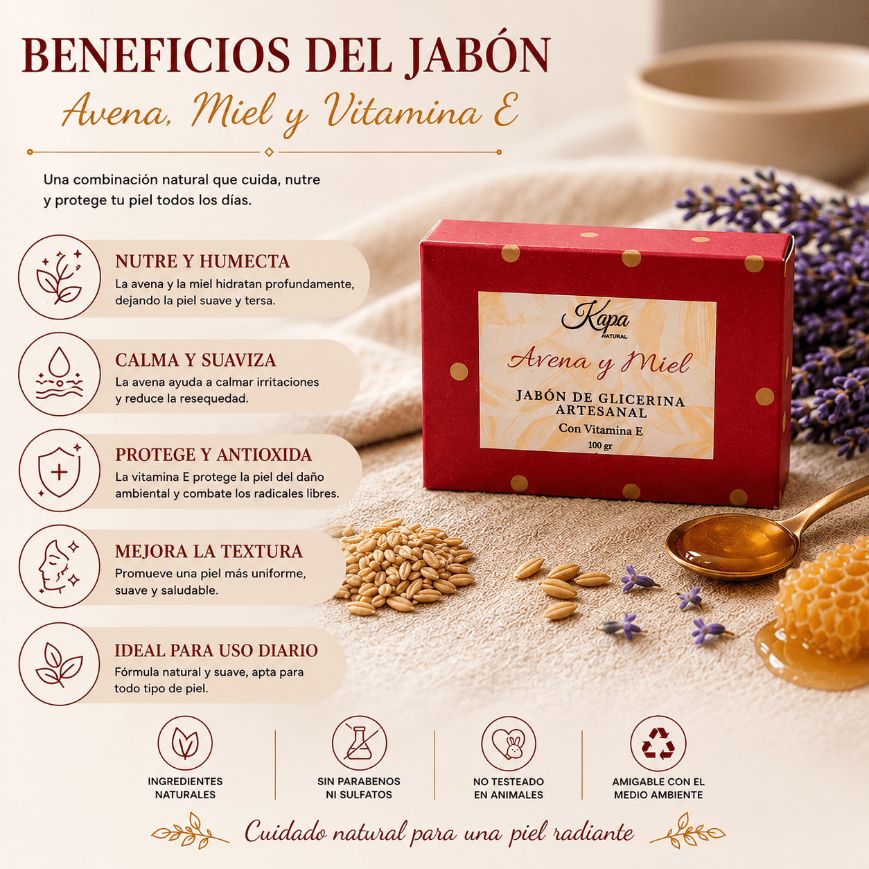 Jabón artesanal avena, miel y vitamina E - Kapa Natural