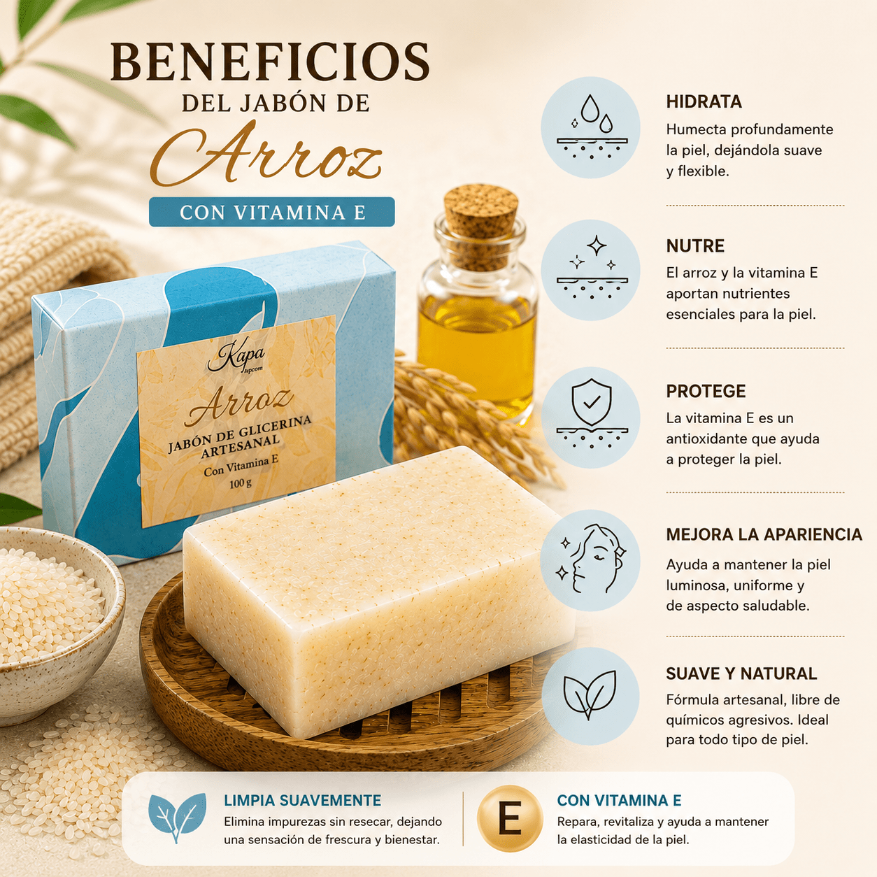 Jabón artesanal de arroz y vitamina E - Kapa Natural