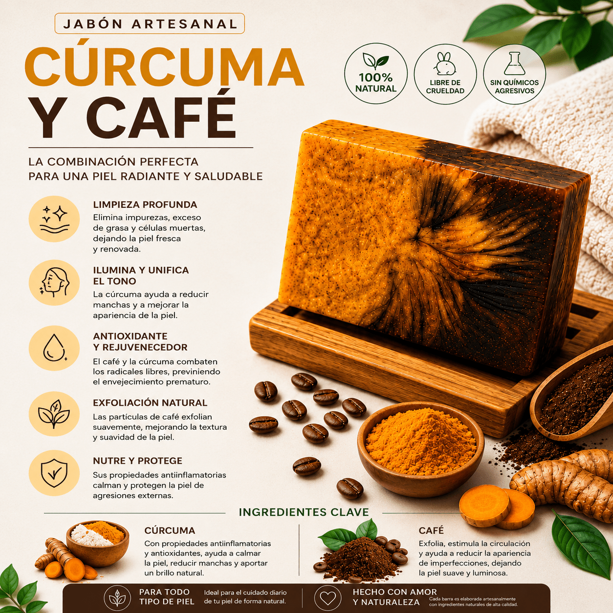 Jabon artesanal de Café, Curcuma y Vitamina E - Kapa Natural