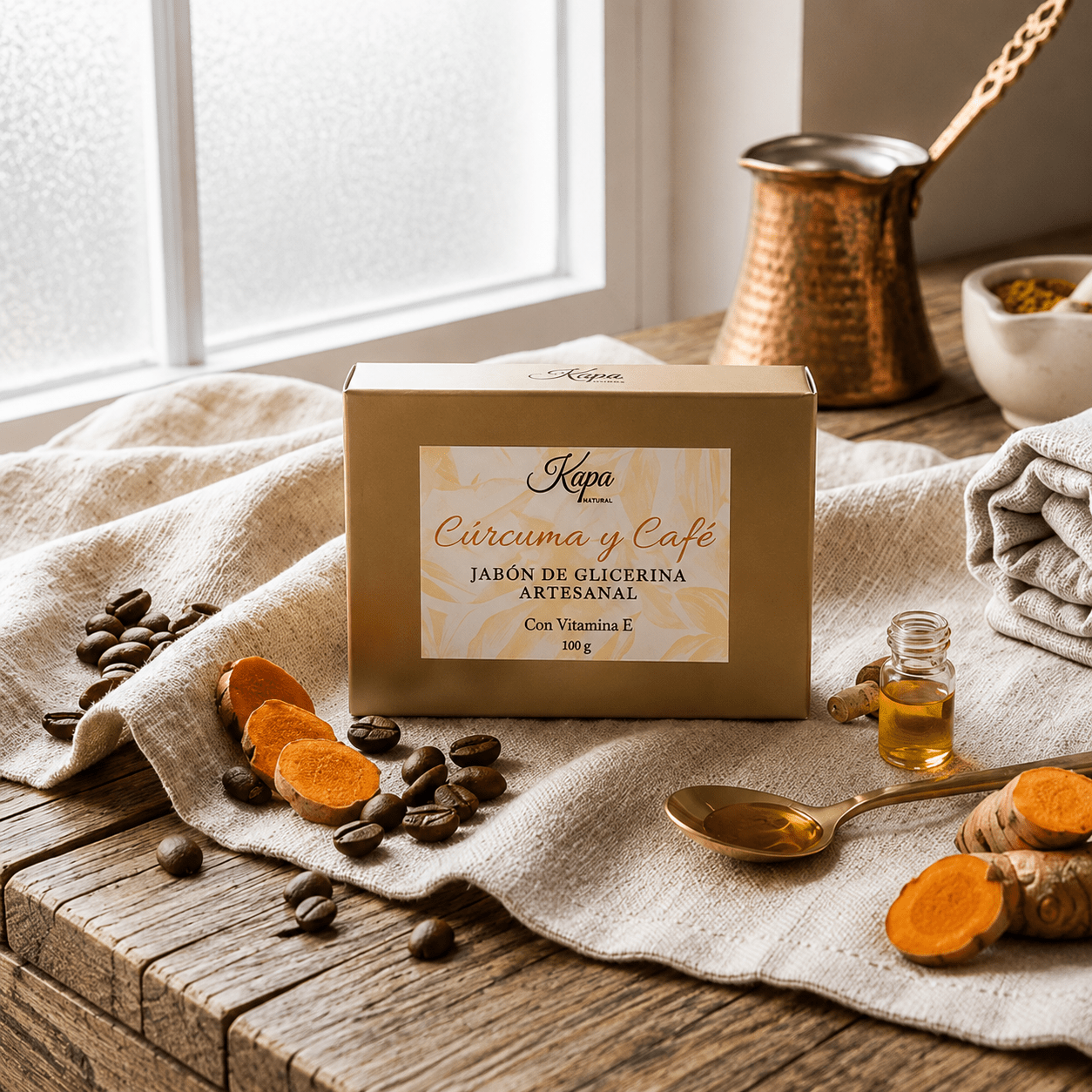 Jabon artesanal de Café, Curcuma y Vitamina E - Kapa Natural