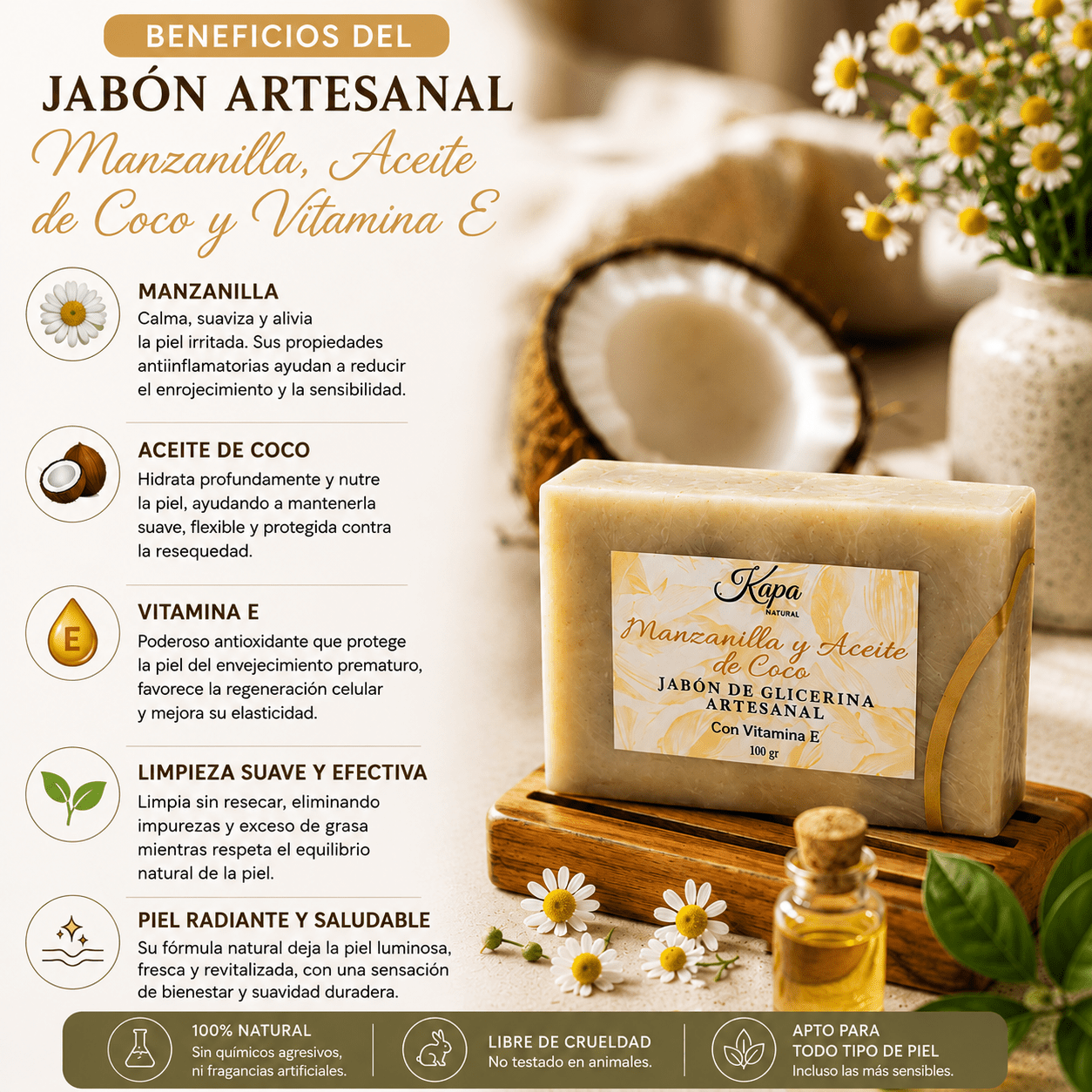 Jabón artesanal de manzanilla, aceite de coco y vitamina E - Kapa Natural