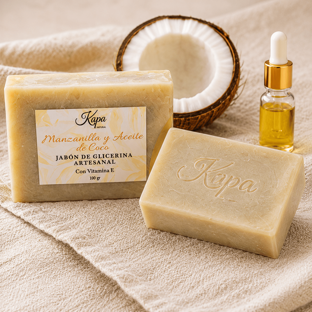 Jabón artesanal de manzanilla, aceite de coco y vitamina E - Kapa Natural