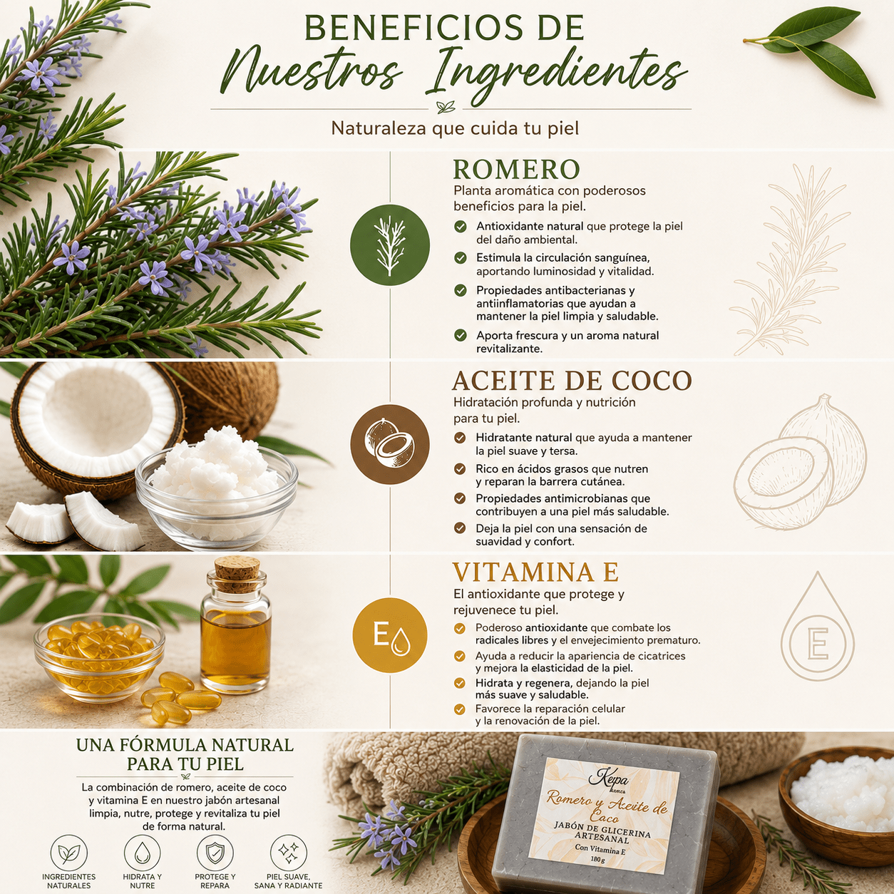 Jabon Artesanal de Romero y Aceite de Coco 100g - Kapa Natural