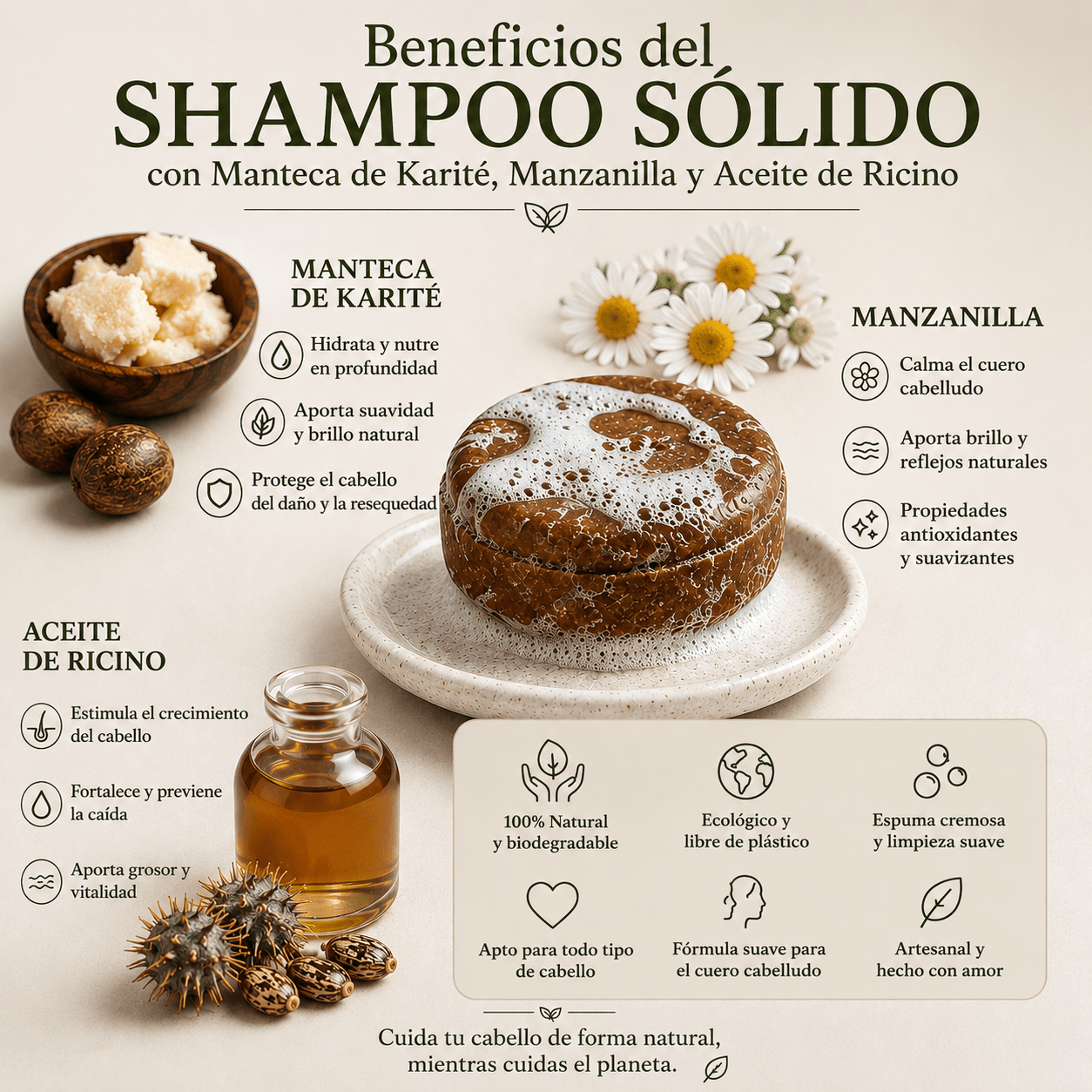 Shampoo sólido con manteca de carite manzanilla y arcilla roja - Kapa Natural