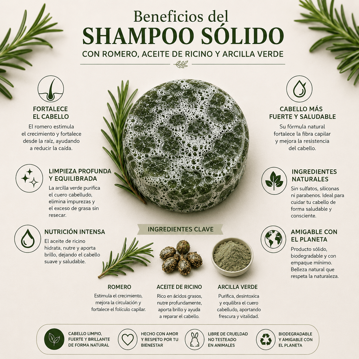 Shampoo sólido con romero y aceite de ricino - Kapa Natural